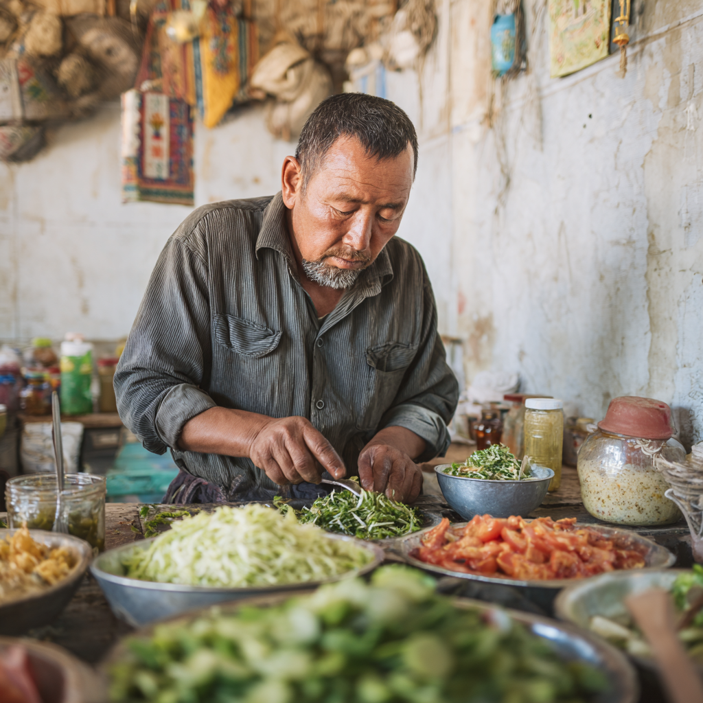 Happy middle-aged Uzbek woman preparing healthy meal in kitchen, smiling while holding fresh vegetables