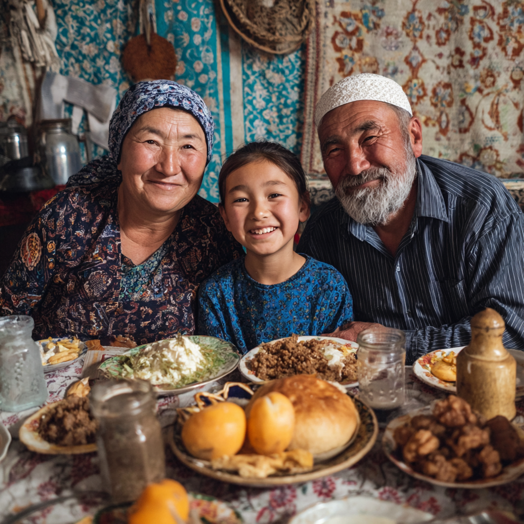 Smiling elderly Uzbek man drinking water outdoors in sunny weather, representing healthy hydration habits